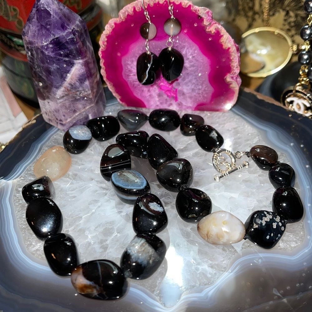 Lucas LaMeth Sterling Silver Agate Bead Toggle Necklace & Pierced Earrings
